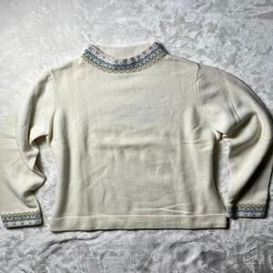 Cozy Soft Angora & Wool Sweater Womens L Lands End Nordic Fair Isle Cream Jumper